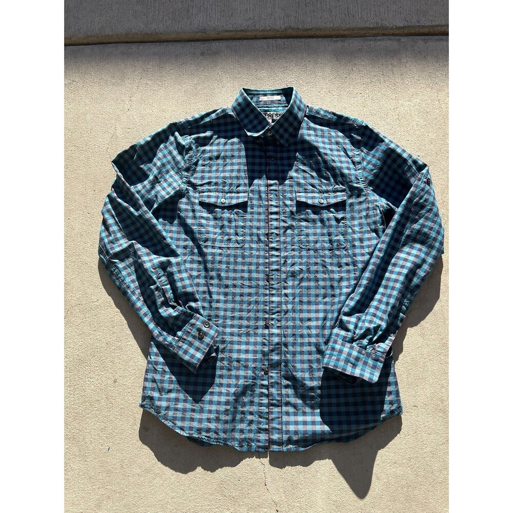 Express Men S/P Blue Plaid Button-Up Fitted Casual Long Sleeve Shirt